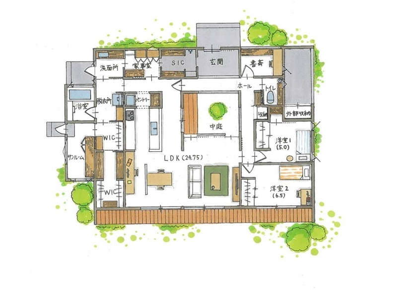 40坪の平屋間取り⑥ 中庭 間取り図