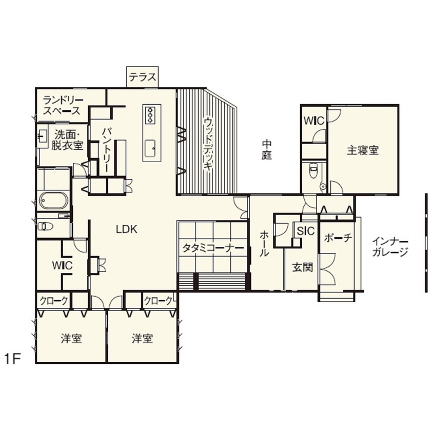 中庭があるおしゃれな平屋の間取り②　間取り図