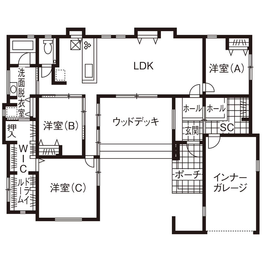 3LDKのおしゃれな平屋間取り⑤　間取り図