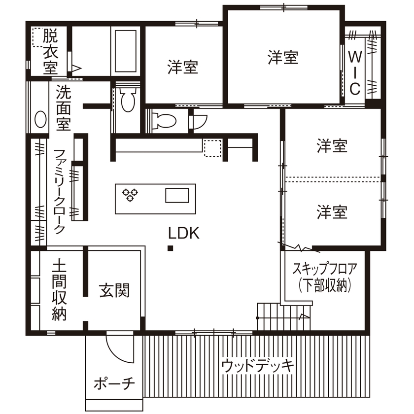 3LDKのおしゃれな平屋間取り⑦　間取り図