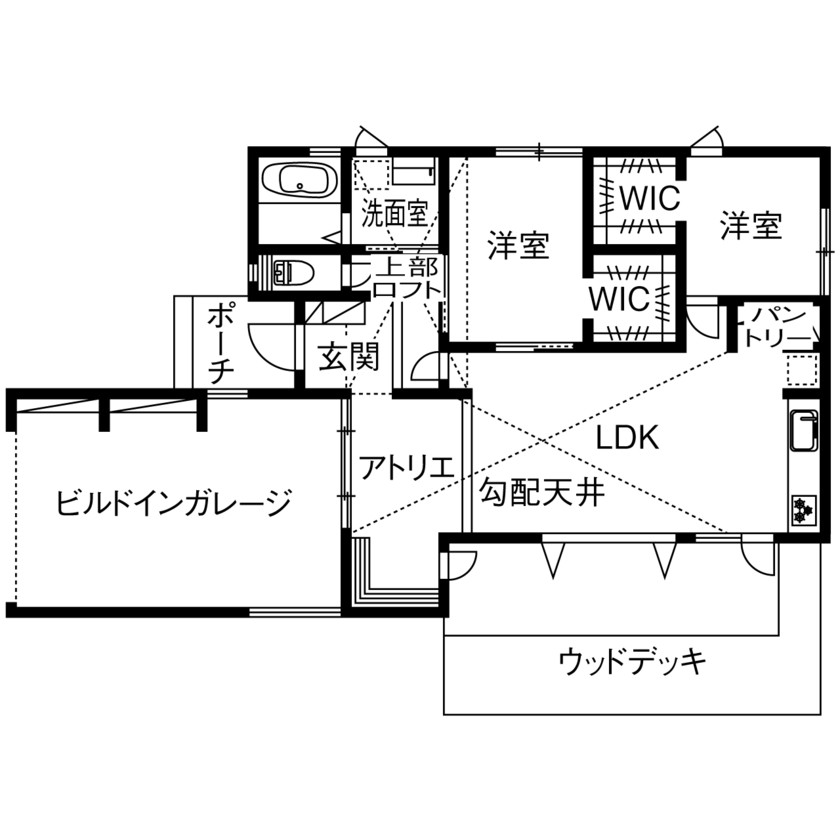 2LDKのおしゃれな平屋間取り⑦　間取り図