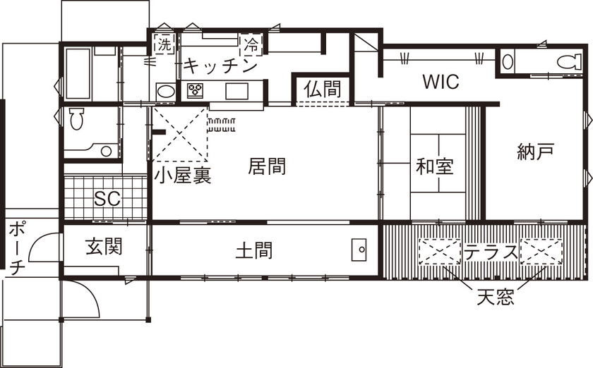 おしゃれでかっこいいモダンな平屋間取り①　間取り図