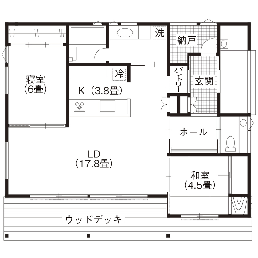 2LDKのおしゃれな平屋間取り①　間取り図