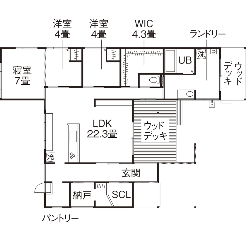 3LDKのおしゃれな平屋間取り⑧　間取り図