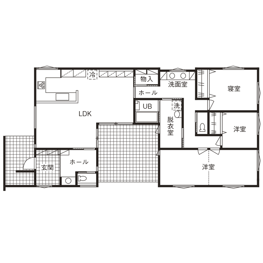 中庭があるおしゃれな平屋の間取り②　間取り図