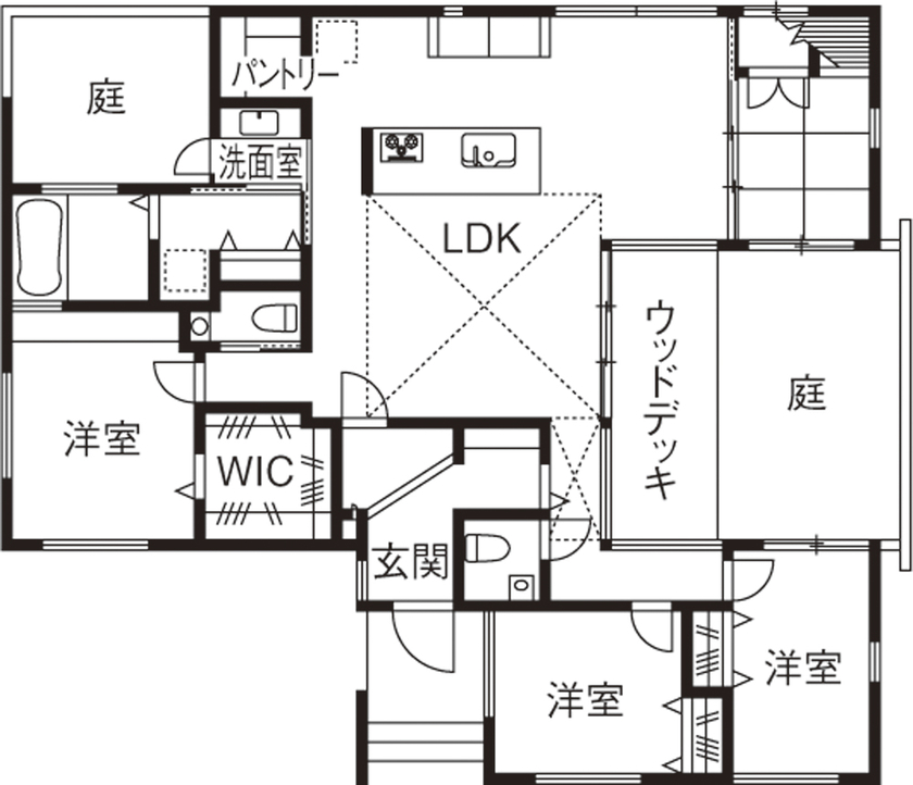 中庭があるおしゃれな平屋の間取り④　間取り図