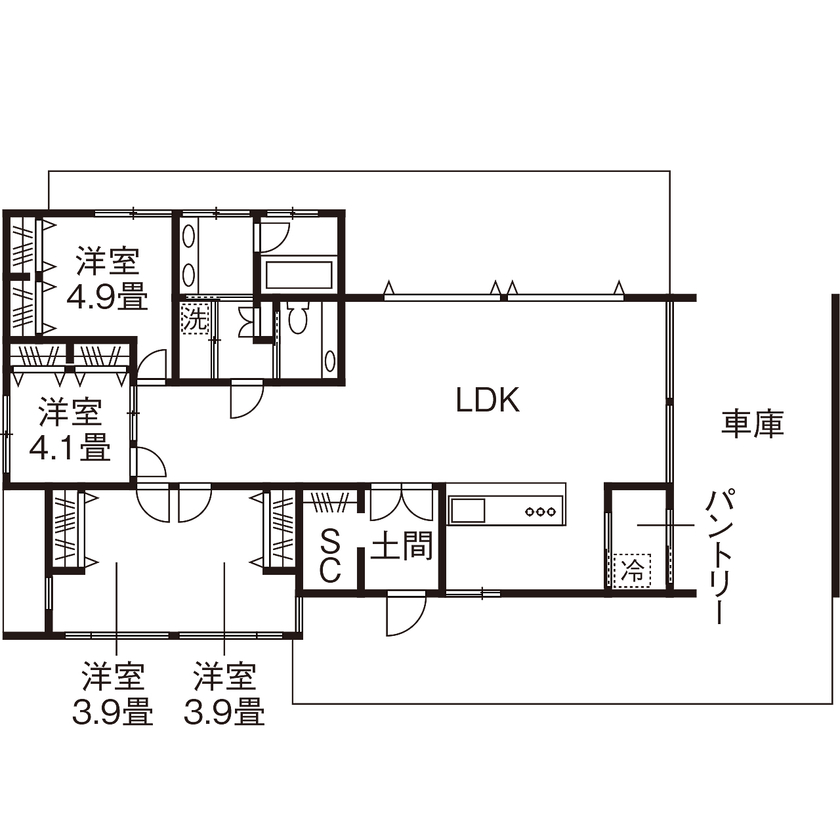 おしゃれでかっこいいモダンな平屋間取り⑦　間取り図