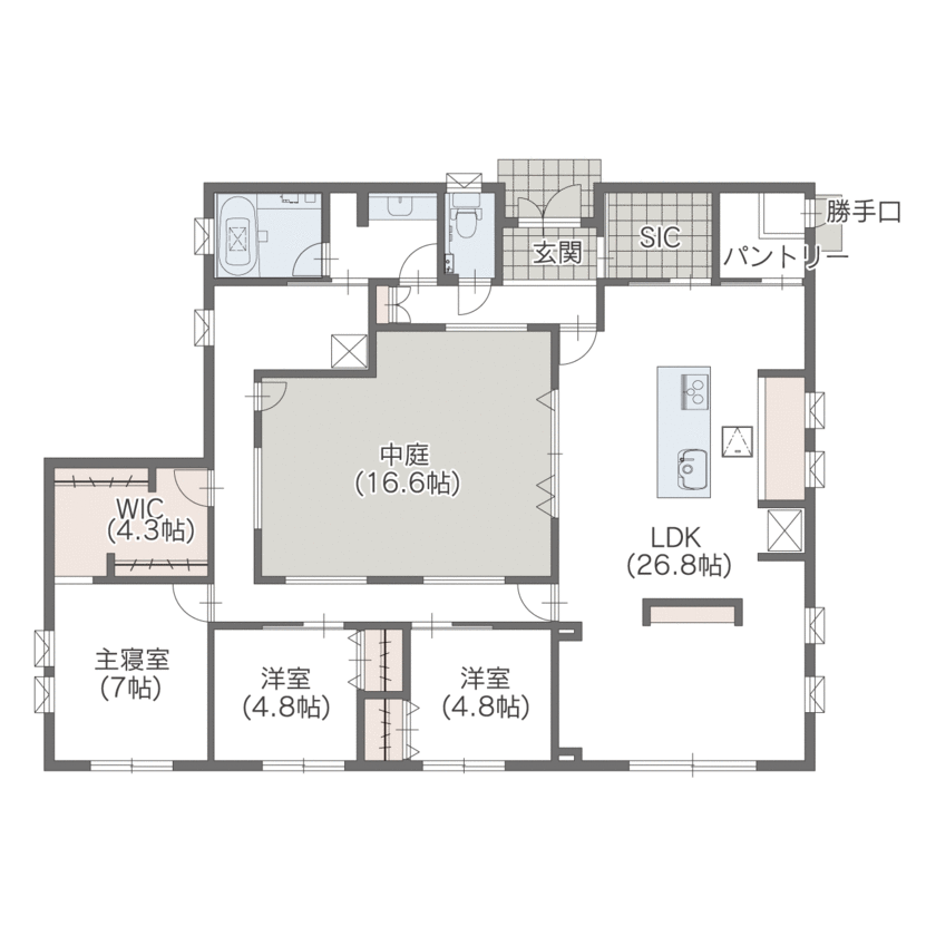 中庭があるおしゃれな平屋の間取り⑤　間取り図