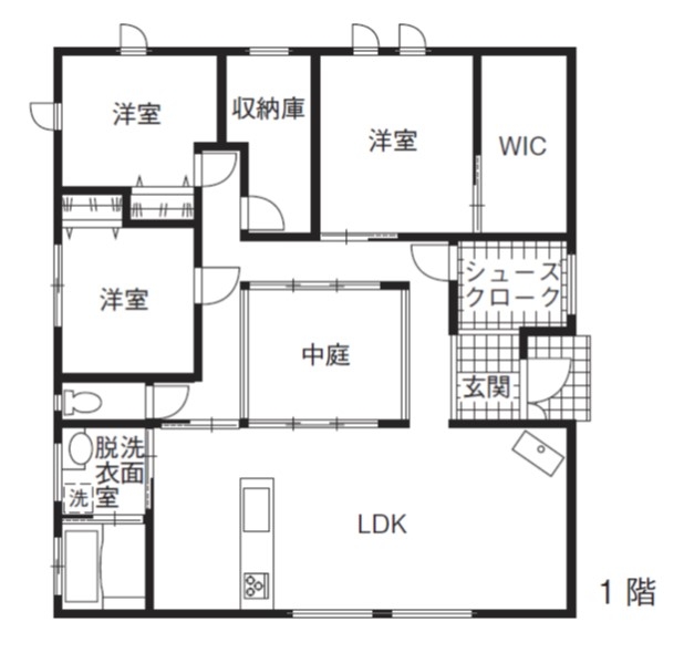 中庭があるおしゃれな平屋の間取り⑥　間取り図