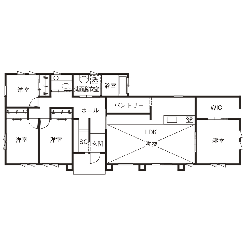 おしゃれでかっこいいモダンな平屋間取り②　間取り図