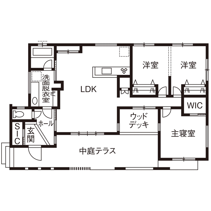 中庭があるおしゃれな平屋の間取り⑧　間取り図