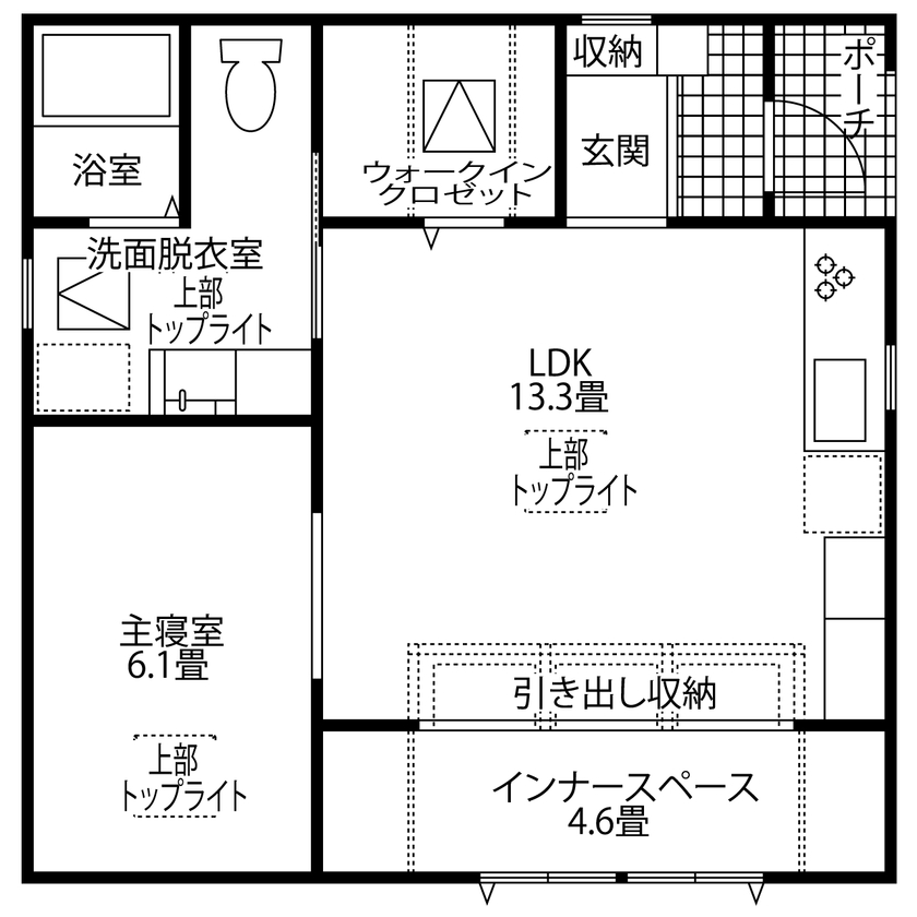 15坪の平屋間取り⑦　1LDK　間取り図